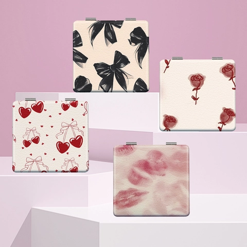 Espejo De Maquillaje Plegable Portátil Cuero PU Cuadrado Doble Cara Alta Definición Espejo De Bolsillo Compacto