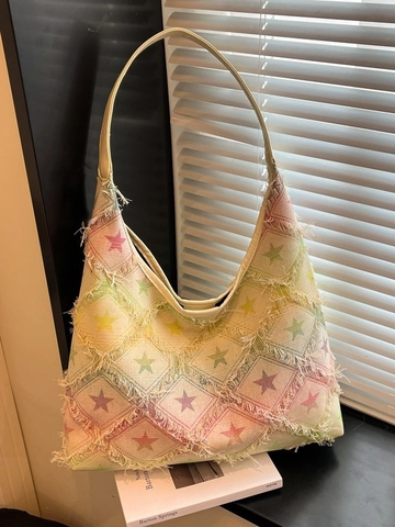 Borsa Tote In Denim Vintage Da Donna Stampa A Stelle Bordi Sfilacciati Grande Capacità Borsa A Spalla Stile Y2K
