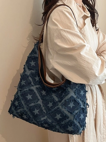 Borsa Tote In Denim Vintage Da Donna Stampa A Stelle Bordi Sfilacciati Grande Capacità Borsa A Spalla Stile Y2K