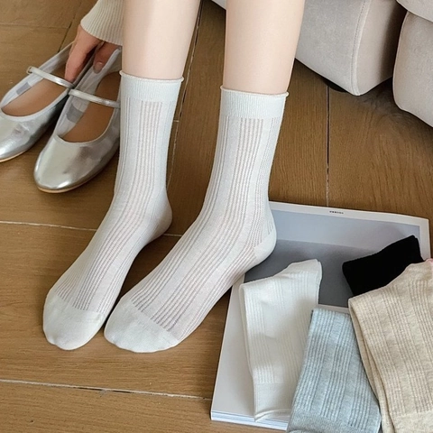 Damen Crew Socken Baumwolle Rippen Nahtlose Zehen Atmungsaktiv Leicht Einfarbig Lässig Koreanischer Stil Slouchy Wadenhoch
