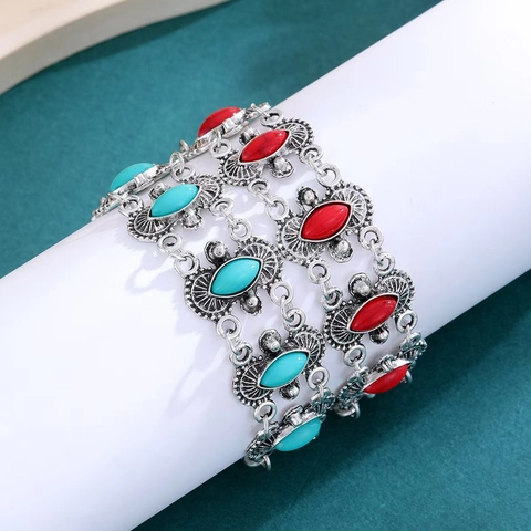 Bohemian Retro Turquoise Alloy Bracelet Vintage Ethnic Rhombus Beaded Jewelry For Women Vacation Accessories