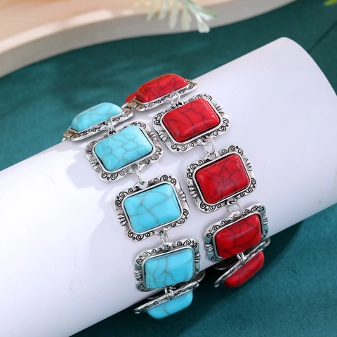 Bohemian Retro Turquoise Alloy Bracelet Vintage Ethnic Rhombus Beaded Jewelry For Women Vacation Accessories