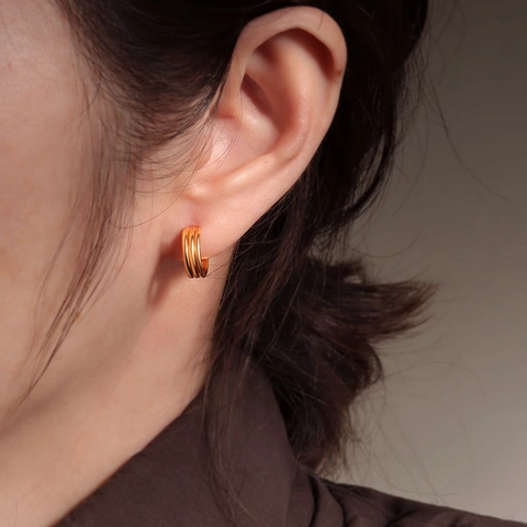 Pendientes de Botón Geométricos de Triple Línea de Plata de Ley S925 para Mujer Aros en Forma de C Oro Plata Joyería