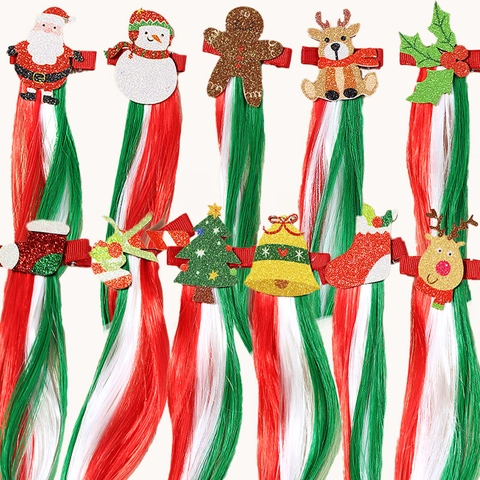 Barrettes de Noël pour Enfants Motifs de Renne Père Noël Bonhomme de Neige Avec Extensions de Cheveux Synthétiques Colorées