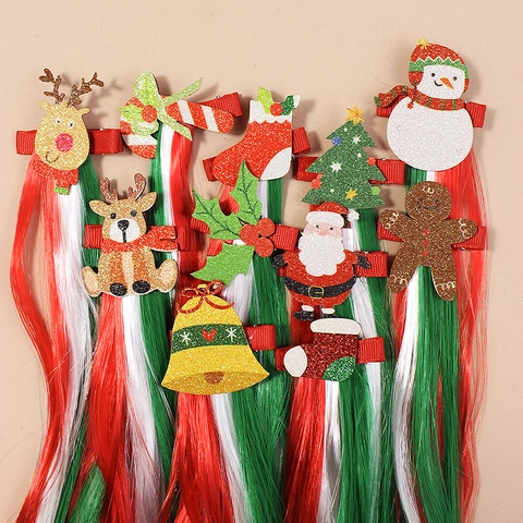 Barrettes de Noël pour Enfants Motifs de Renne Père Noël Bonhomme de Neige Avec Extensions de Cheveux Synthétiques Colorées