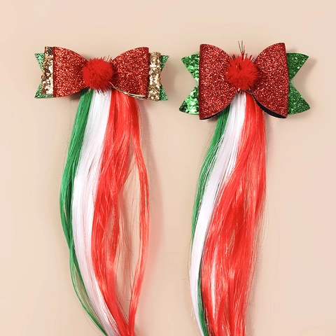 Kerst Glitter Strik Haarclips Voor Kinderen Meisjes Met Lange Synthetische Pruik Extensions Rood Groen Wit Feestelijke Haaraccessoires