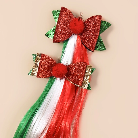 Kerst Glitter Strik Haarclips Voor Kinderen Meisjes Met Lange Synthetische Pruik Extensions Rood Groen Wit Feestelijke Haaraccessoires