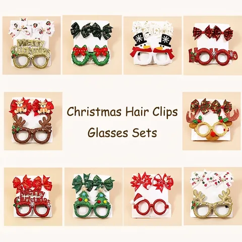 Ensemble de Lunettes Décoratives et Pinces à Cheveux de Noël Bonhomme de Neige Renne Paillettes pour Adultes Enfants
