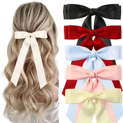 Handmade Satin Bow Hair Clip With Long Streamers Sweet Solid Color Alligator Clip For Women Girls Elegant Hair Accessories
