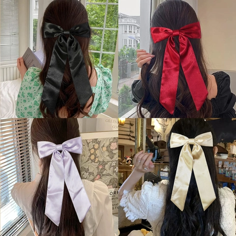 Elegant Large Satin Bow Hair Clip With Long Streamer Polyester Ribbon Alligator Clip For Women Girls French Style Hair Accessory
