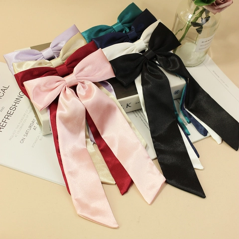 Elegant Large Satin Bow Hair Clip With Long Streamer Polyester Ribbon Alligator Clip For Women Girls French Style Hair Accessory