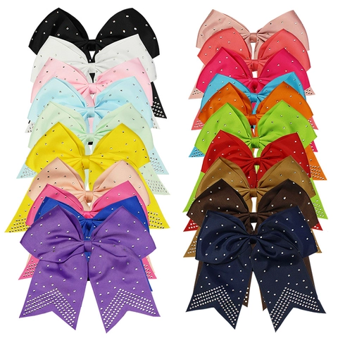 Large Bow Hair Tie Grosgrain Ribbon Sparkling Rhinestone Cheerleader Style Solid Color Sweet Girls Kids