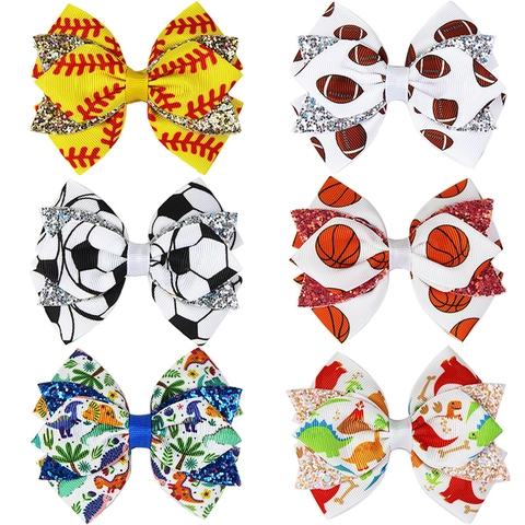 Kids Sweet Polyester Grosgrain Ribbon Bow Hair Clip With Rhinestone Glitter Decor Sports Patterns For Girls Daily Accessories