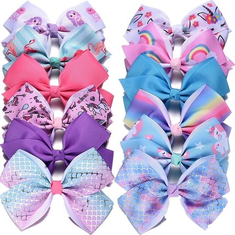 Kids Handmade Polyester Grosgrain Ribbon Bow Hair Clips Cartoon Unicorn Mermaid Printed Bowknot Cute Fashion Hair Accessories
