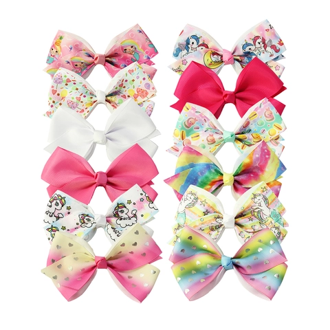 Kids Handmade Polyester Grosgrain Ribbon Bow Hair Clips Cartoon Unicorn Mermaid Printed Bowknot Cute Fashion Hair Accessories