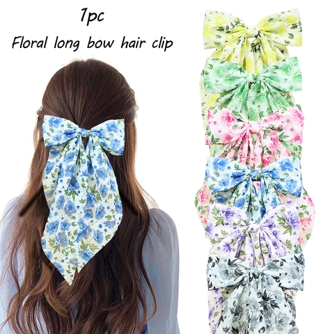 Handmade French Pastoral Floral Large Bow Hair Clip With Long Streamers Vintage Mori Style Satin Texture Polyester Duckbill Clip Women Girls Hair Accessory