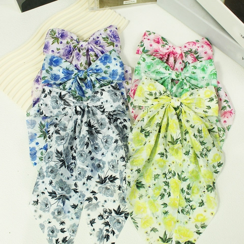 Handmade French Pastoral Floral Large Bow Hair Clip With Long Streamers Vintage Mori Style Satin Texture Polyester Duckbill Clip Women Girls Hair Accessory