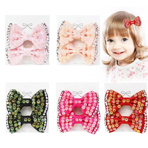 Handmade Rhinestone Bow Hair Clip Cute Sparkling Polyester Ribbon Duckbill Clip For Girls Kids Daily Sweet Hair Accessories