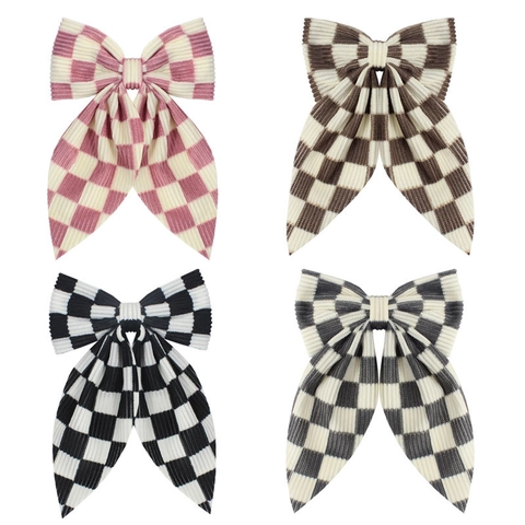 Handmade Checkerboard Bow Hair Clip For Women Kids Elegant Satin Fabric Large Bow Barrettes Hair Accessories Daily Hairpin
