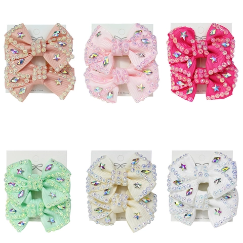 Fermaglio per Capelli con Fiocco in Grosgrain Fatto a Mano Strass Stelle Dolce Brillante Accessori per Capelli per Ragazze