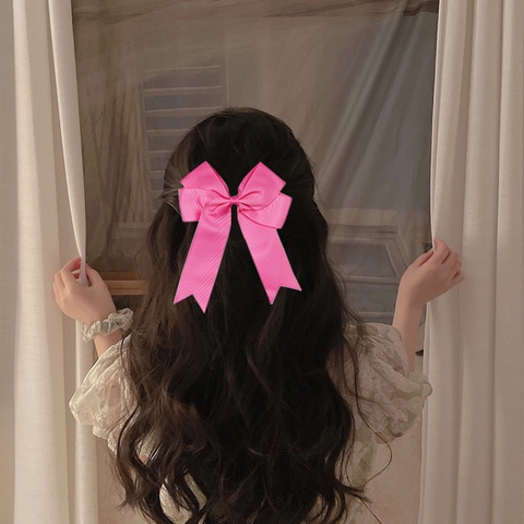 Handmade Large Grosgrain Ribbon Bow Hair Clip With Long Tails Sweet Polyester Solid Color Streamer Hairpins For Girls Kids