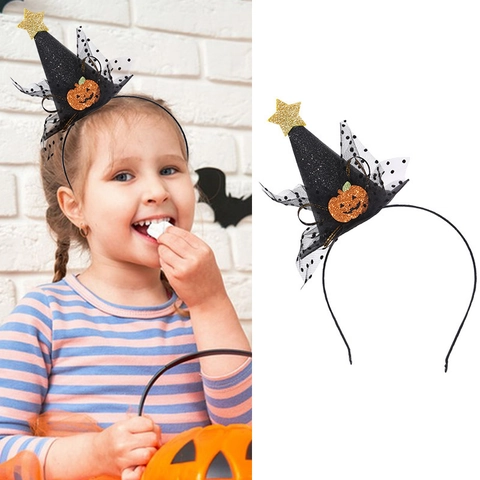 Cerchietto con Cappello da Mago per Halloween Bambini Donne Glitter Zucca Pipistrello Ragno Motivo Fiocco in Rete Accessorio per Capelli per Festa in Costume