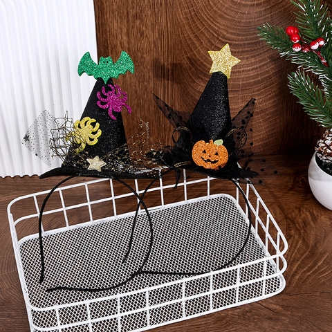 Cerchietto con Cappello da Mago per Halloween Bambini Donne Glitter Zucca Pipistrello Ragno Motivo Fiocco in Rete Accessorio per Capelli per Festa in Costume