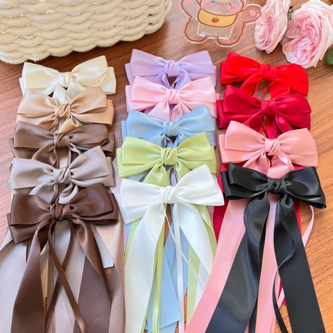Satin Bow Hair Clip With Long Streamers Sweet French Style Solid Color Ribbon Hair Accessory For Girls Women Jewelry