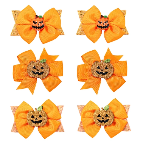 Halloween Pumpkin Bow Hair Clips For Kids Girls Sequin Grosgrain Ribbon Festive Hair Accessories Pair Holiday Headwear