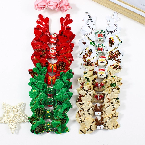 Cute Christmas Sequin Antler Bow Hair Clips For Kids Handmade Fabric Reindeer Santa Decor Hairpins Holiday Party Accessories
