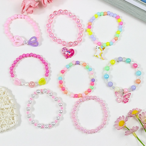 Eenhoorn Cartoon Acryl Kralen Armband Voor Meisjes Kinderen Zoete Macaron Kleur Elastische Hart Vlinder Hanger Handgemaakte Sieraden Verjaardagscadeau