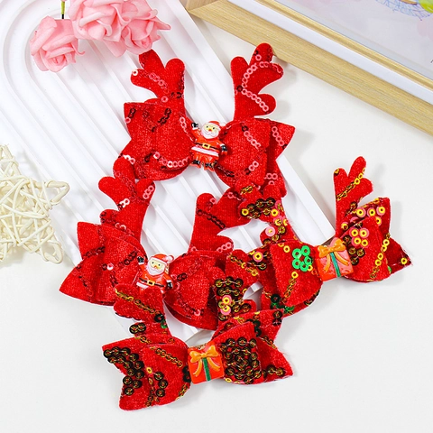 Cute Christmas Sequin Antler Bow Hair Clips For Kids Handmade Fabric Reindeer Santa Decor Hairpins Holiday Party Accessories
