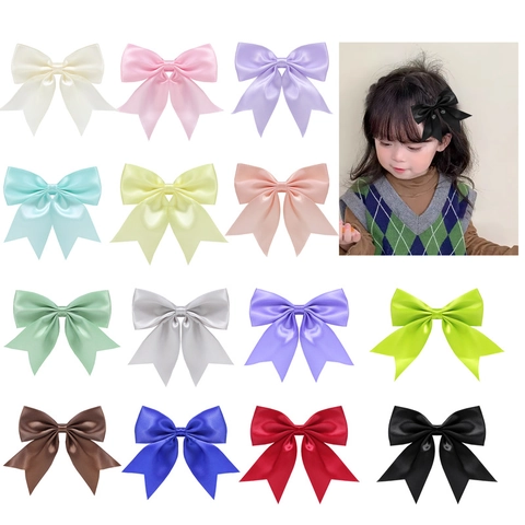 Pinza para el Cabello con Lazo de Satén Hecha a Mano Color Sólido Dulce Estilo Coreano Accesorio para el Cabello para Niñas