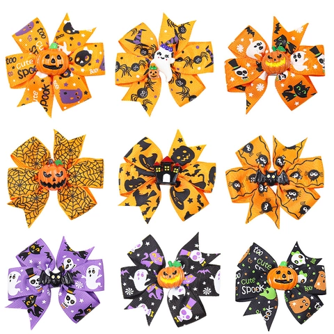 Mollette per Capelli con Fiocco in Grosgrain per Bambini di Halloween Zucca Fantasma Pipistrello Ragno Accessori per Feste