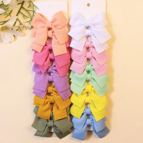 Handmade Kids Waffle Fabric Bow Hair Clips Solid Color Swallowtail Bowknot Hairpins For Baby Girls Toddlers Accessories