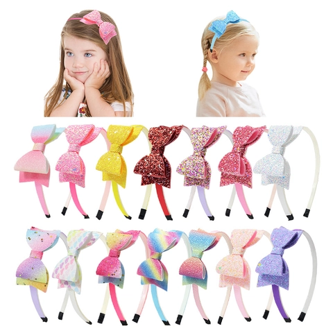 Children Rainbow Glitter Bow Headband Colored Sequin Cute Sparkly Hair Accessories For Girls Party Everyday Hair Hoop