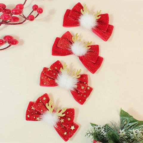 Pinzas Para El Pelo Con Lazo Y Cuernos De Reno Para Niños Terciopelo Rojo Estrellas Brillantes Bola De Felpa Accesorios Para El Pelo Festivos