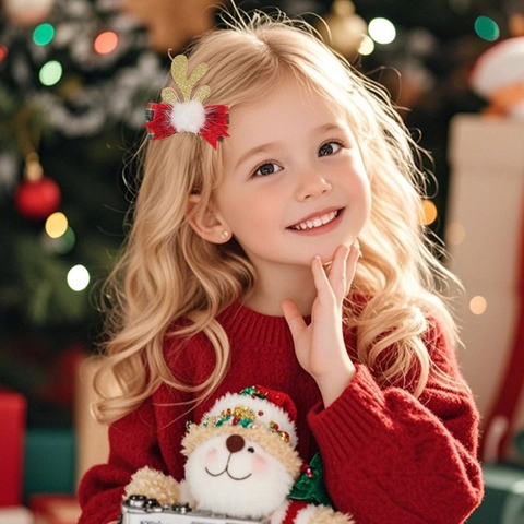Handmade Christmas Reindeer Antler Hair Clips For Kids Cute Plush Bow Pompom Hairpin Festive Holiday Party Accessories For Girls Women