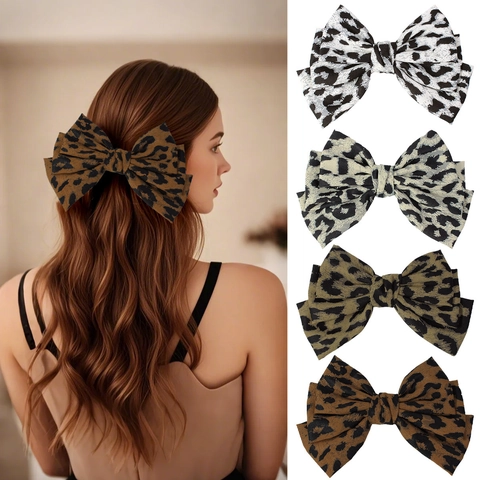 Handgefertigte Polyester Lagen Große Schleife Haarklammer Vintage Leopard Druck Mode Haarschmuck Für Damen Mädchen Haardekoration