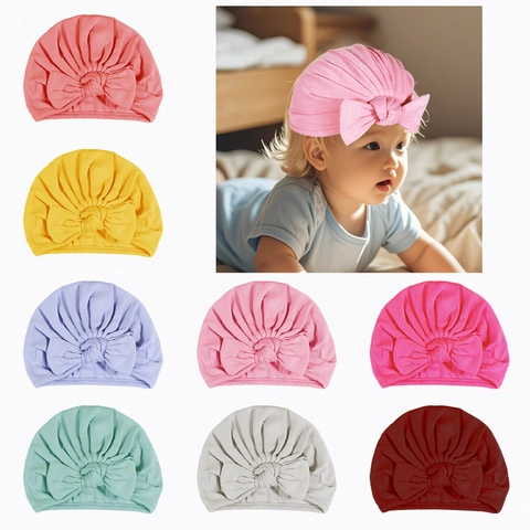 Soft Knitted Baby Turban Hat With Large Bowknot Pleated Indian Cap For Newborn Toddler Winter Warm Pullover Headwear