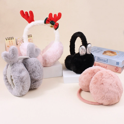Paraorecchie di Peluche con Corna di Renna di Natale per Bambini Copriorecchie in Pelliccia Sintetica Calda Invernali Pieghevoli
