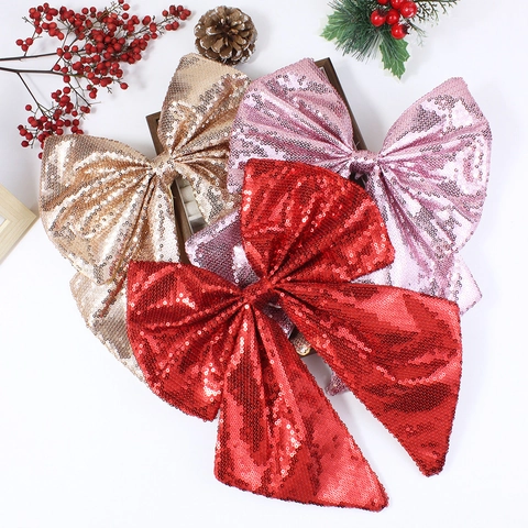 Large Sequin Christmas Bow Ornament Sparkling Polyester Hanging Bow For Tree Topper Party Wedding Home Festive Decoration
