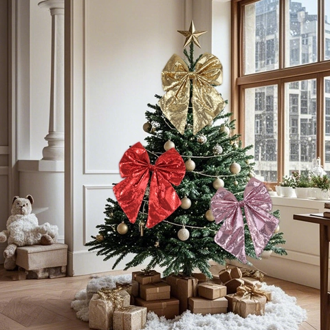 Large Sequin Christmas Bow Ornament Sparkling Polyester Hanging Bow For Tree Topper Party Wedding Home Festive Decoration