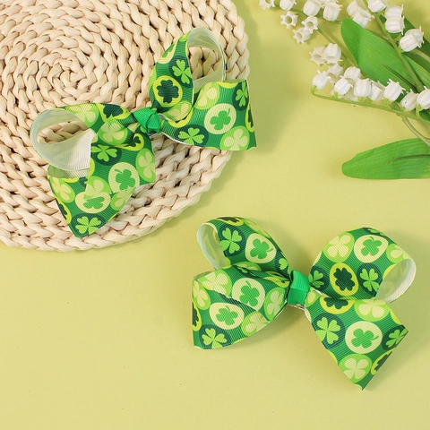 St. Patrick's Day Kleeblatt Druck Ripsband Schleife Haarspangen Für Mädchen Grüne Klee Bowknot Haarnadeln Handgefertigte Kinder Haarschmuck