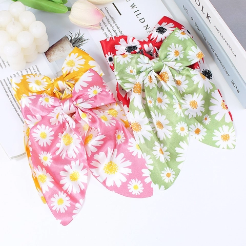 Sweet Daisy Print Bow Hair Clip For Girls Satin Texture Polyester Large Bowknot With Floating Ribbon Kids Hair Accessories