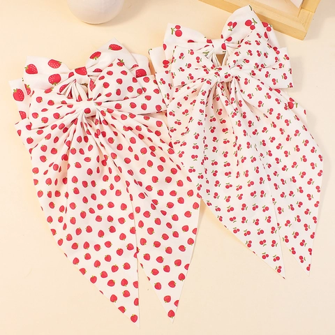 Pince à Cheveux Nœud Imprimé Fruits Avec Rubans Longs Polyester Motif Fraise Cerise Accessoire Cheveux Pour Femmes Filles