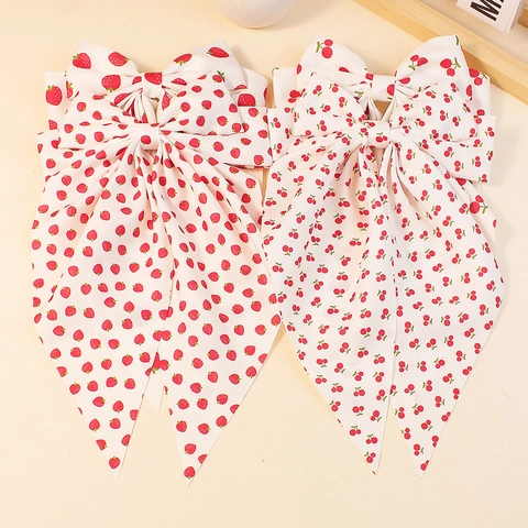 Pince à Cheveux Nœud Imprimé Fruits Avec Rubans Longs Polyester Motif Fraise Cerise Accessoire Cheveux Pour Femmes Filles