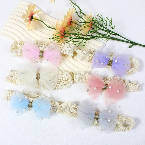 Bandeau Dentelle Bébé Fille Nœud en Maille Künstliche Perle Artificielle Bande Cheveux Élastique Doux Accessoires Cheveux Princesse