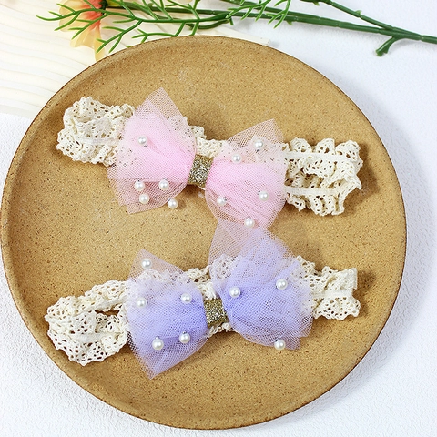 Bandeau Dentelle Bébé Fille Nœud en Maille Künstliche Perle Artificielle Bande Cheveux Élastique Doux Accessoires Cheveux Princesse