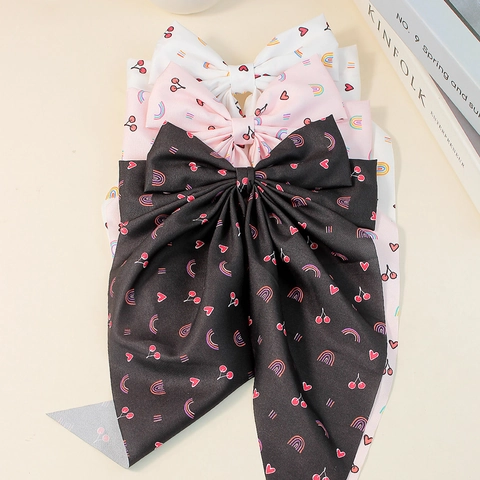 Süße Kirsche Herz Regenbogen Druck Schleife Haarspange Mit Lange Bänder Handgefertigte Polyester Haarschmuck Für Kinder